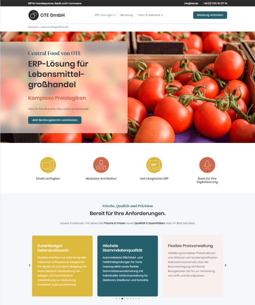 OTE Webseite Lebensmittelgroßhandel